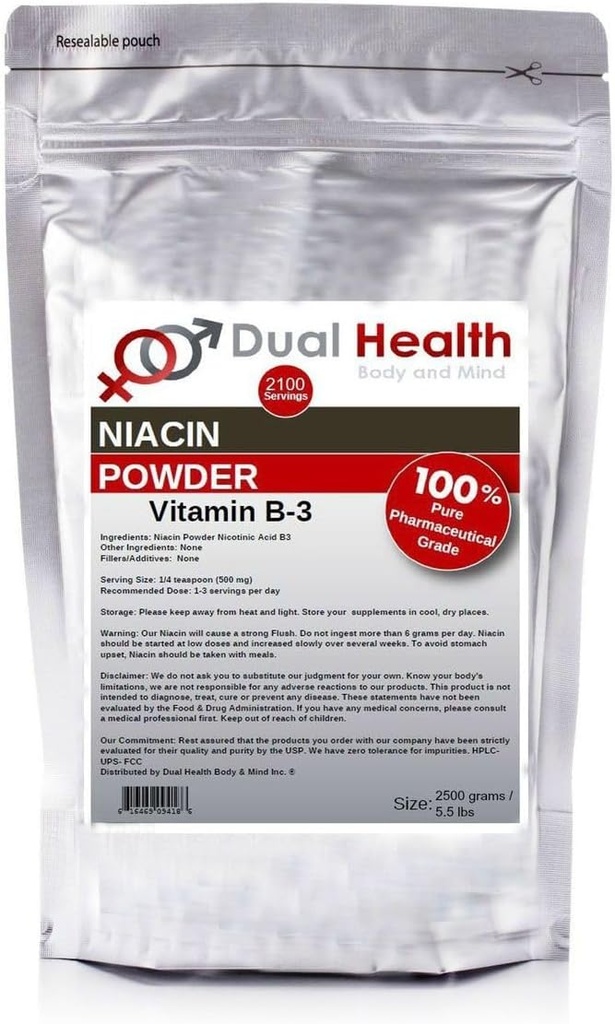 Niacin Powder (5,5 lbs - 2,5 kg) Vitamin B3 Bulk Supplement Immediate Release med Flush Nicotinic Acid Non-GMO, Vegan, Gluten Free Fast Absorption No Fillers, Additives, Metals