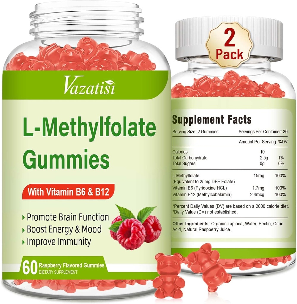 L-Metyylifolaatti 15 mg Gummies kanssa Metyyli B12, Folaatti täydennysosa mielialan, aivojen terveys, Immuunin tuki, vadelma maku, 120 kreivi