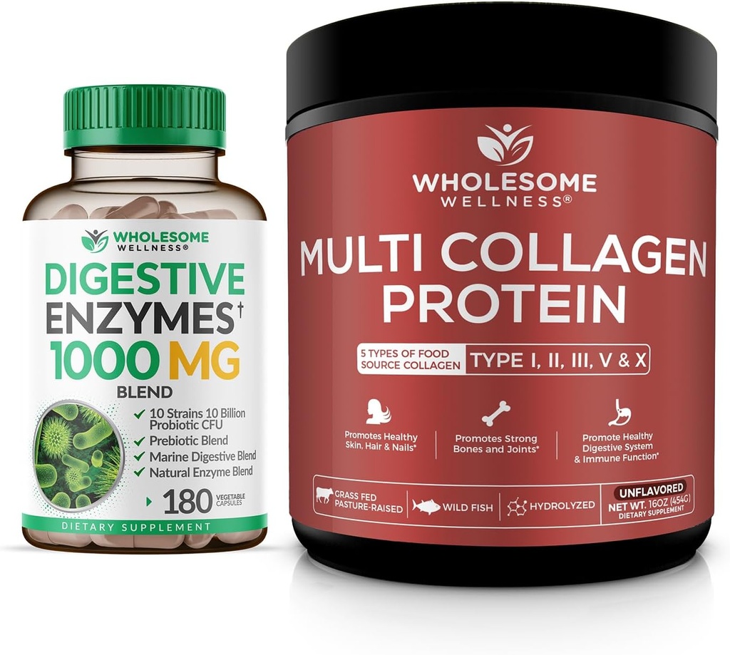 Terveellinen hyvinvointi Dgestive Enzymes 1000MG Plus Prebiootit & Probiootit Supplement + Multi Collagen Protein Powder Hydrolysed (tyyppi II III V X) Bundle