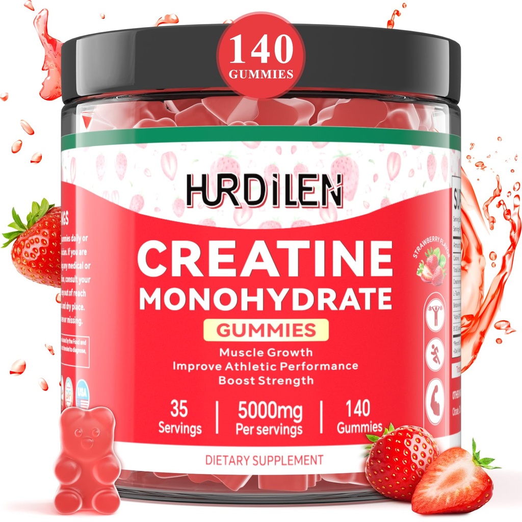 140 Kreatiini Monohydraatti Gummies, 5000 mg Kreatiini Monohydraatti Ei sokeria Gummies naisille ja miehille L-Tauriinia, B12- vitamiini lihasten vahvuus, lihasten Recovery, Glute Builder, Energy Boost
