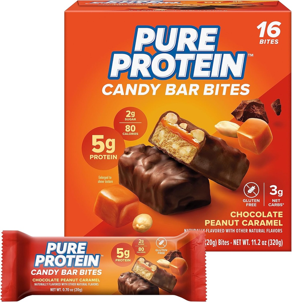Puhdasta proteiinia karkkia Bites, suklaa maapähkinäkaramelli, 5g proteiinia, gluteeniton, alhainen sokeri, 0,70 oz, 16 pakkaus (pakkaaminen toukokuun vary)