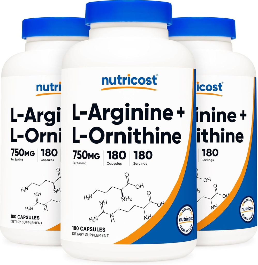 Nutricost L-arginiini L-Ornithine 750 mg; 180 kapselia (3 pulloa)