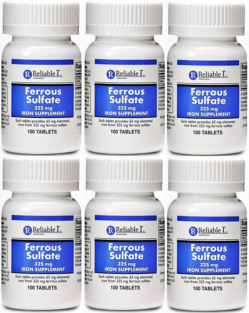 Ferrous Sulfate Iron 325 mg Generic Feosol 100 tablettia PAKKAUS, jossa 6