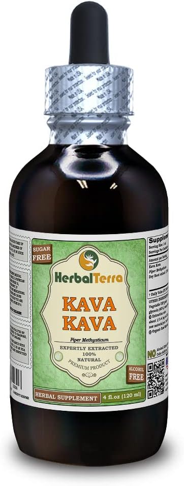 Kava Kava (Piper Methysticum) Glyseriitti, kuivattu juuri alkoholiton nesteuute (Brandin nimi: HerbalTerra, ylpeästi valmistettu Yhdysvalloissa) 4 fl.oz (120 ml)