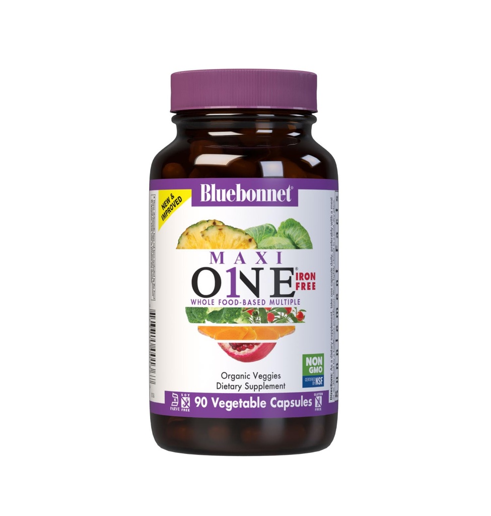 Bluebonnet Nutrition Maxi One (järnfri), Whole Food Multiple, Enzymes, Energy, Vitality, Gluten, Soy & Green Free, Kosher, Vegetarian Friendly, Non-GMO, 90 Count