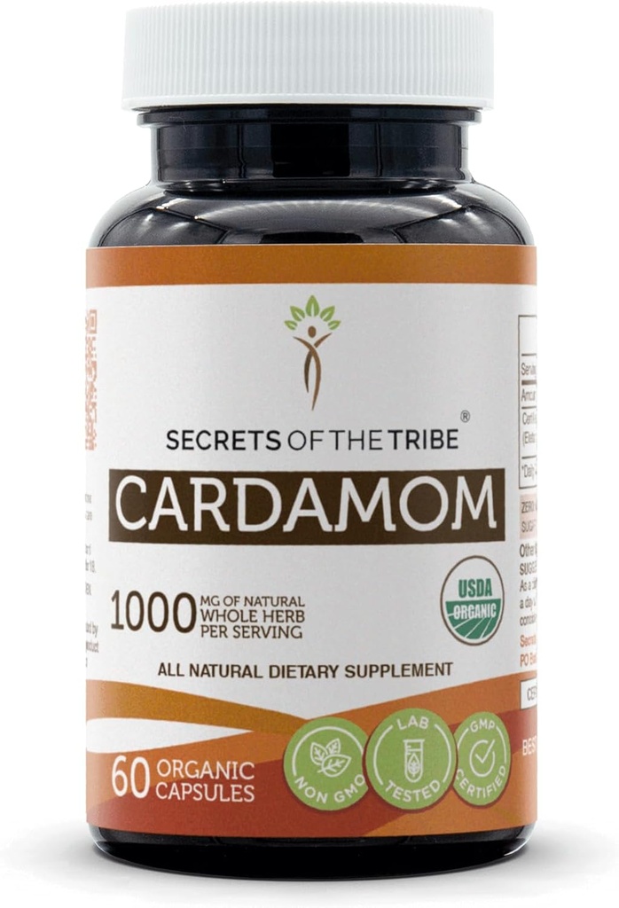 Secrets of the Tribe Cardamom 60 Capsules, Made with Vegetable Capsules and USDA Organic Cardamom (Elettaria cardamomum) Dried Pod (60 kapslar)
