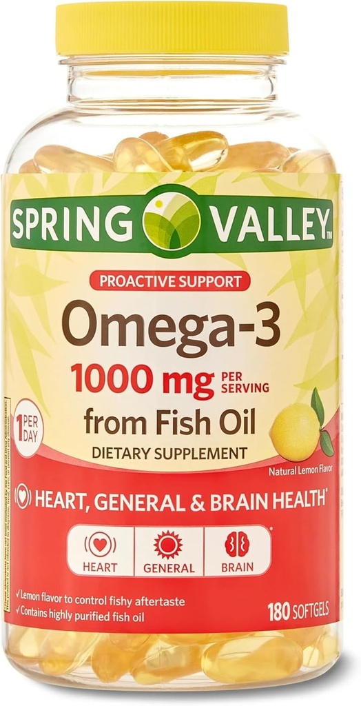 Spring Valley Omega-3 1000 mg alkaen Fish Oil, Heart, Brain Health, Lemon,180 Softgels