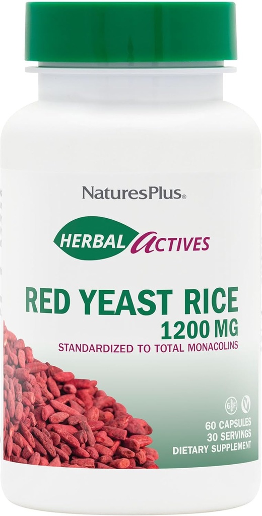 NaturesPlus Herbal Actives Red Jeast Rice 1200 mg - 60 kapselia - Ei-GMO, Vegan, Gluteeniton - 30 tarjoilua