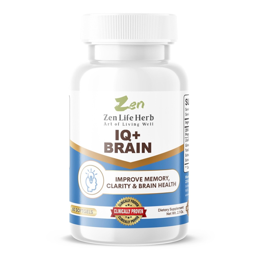 ZEN LIFE HERB IQ+ Aivot - Kofeiiniton, kliinisesti testattu Focus, Concentration, Muisti & Energy, Natural Plant-Baseed kasviperäisten täydentää, ei lisätty vitamiineja / Minerals / Mushroom / Sokeri (60 Softgels)