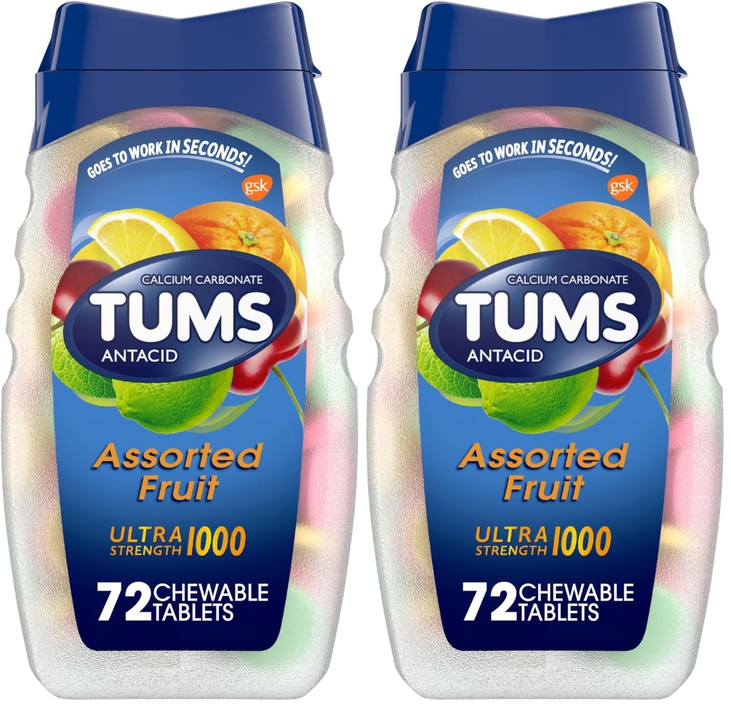 TUMS Antasidi Purutabletti närästyksen lievittämiseen, ultravahvuus, valikoitu hedelmä, 72 tablettia (pakkaus 2)