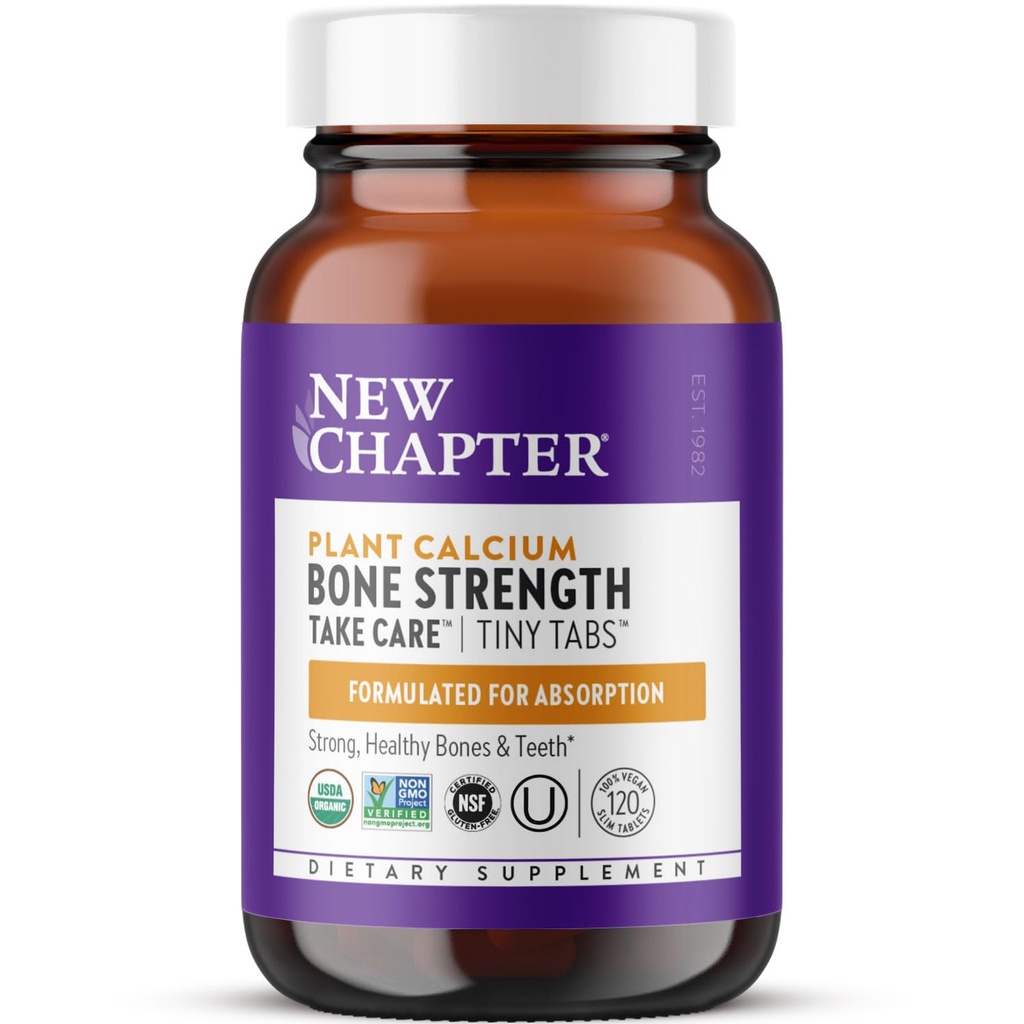 Nya kapitel Calcium Supplement - Bone Strength Tiny Tabs Organic Calcium med Magnesium, Vitamin D3 + K2, 70 + Spår Mineraler för Benhälsa, Gluten Fri, Lätt att Svälja - 120 ct