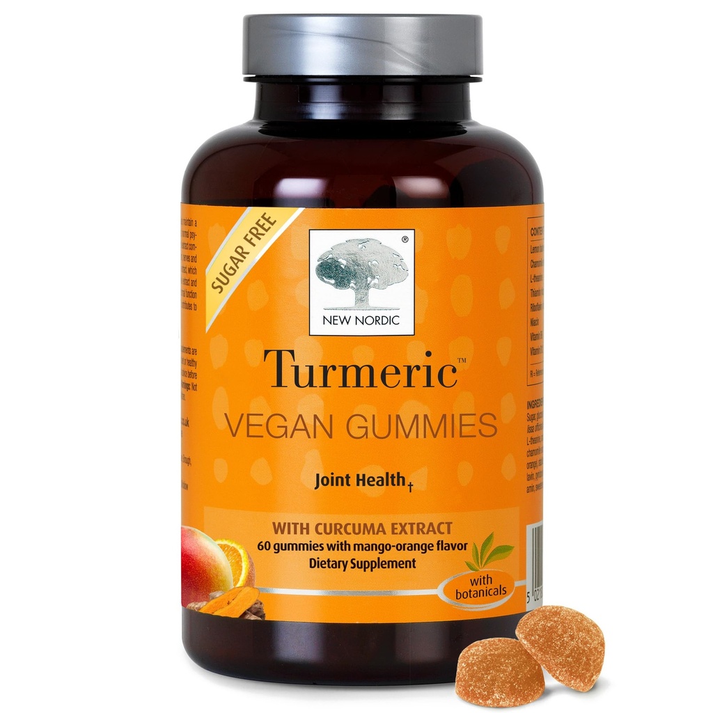 NEW NORDIC Turmeric Curcumin Gummies, Sugar Free, 300 mg gurkmeja tillskott för män och kvinnor, stöder normalt fungerande gemensamma, knän, axlar, mango orange, 60 greve