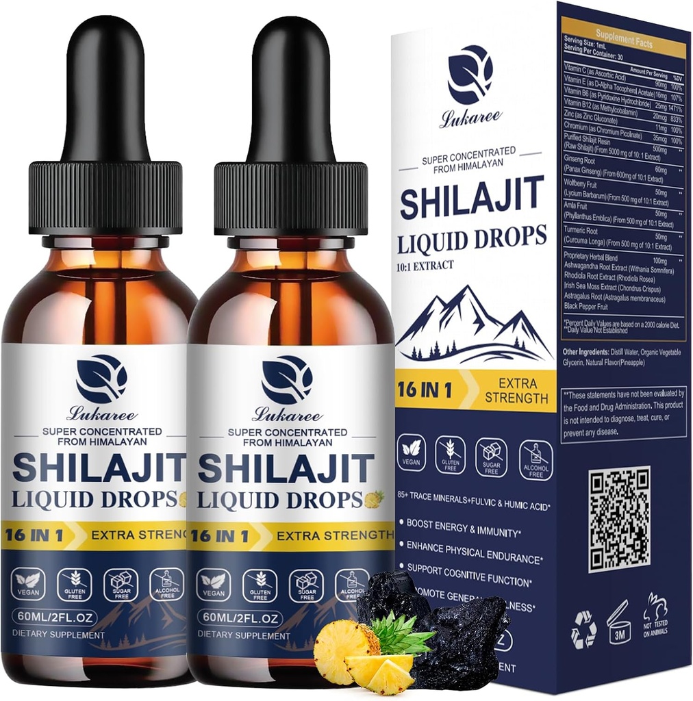Lukaree 16-i-1 Shilajit droppar för män och kvinnor, Ashwagandha, Ginseng, gurkmeja, Rhodiola, Amla, Sea Moss, Liquid Vitamin Supplement med 85+ Trace Minerals och Fulvic Acid, 2 FL Oz (2 Pack)