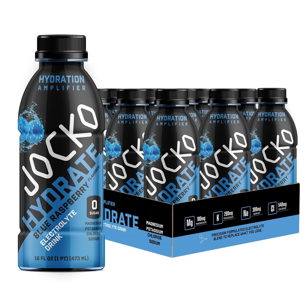 Jocko Fuel Hydrate Electrolyte Drinks - Urheilu Drink Hydration vahvistin, Jano Quencher - Tieteellisesti muotoiltu Electrolyte Blend Sininen Vadelma 16 Oz (12 pakkaus)