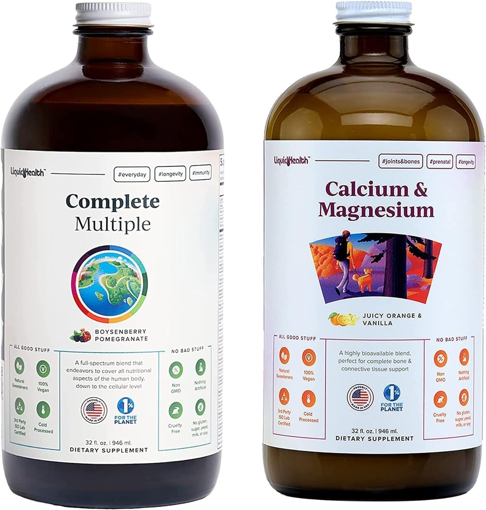 LIQUIDHEALTH Complete Multiple Multivitamin & Calcium och Magnesium Liquid Vitamin Bundle för vuxna - Whole Body Health, Immune System, Bone & Joint Support - Whole Foods, Vegan, Non-GMO, USA Made