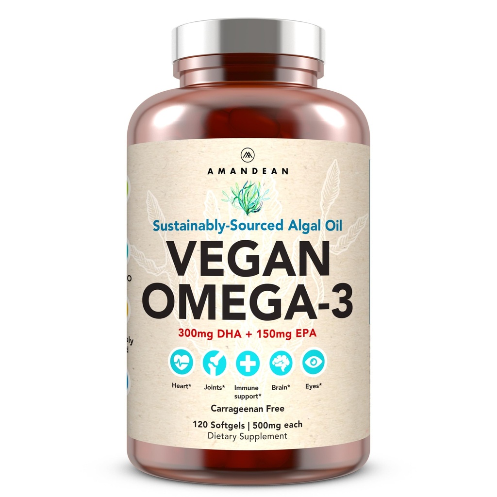 Amandean Vegan Omega 3 Supplement. Premium fiskolja alternativ. Algae DHA & EPA. Carrageenan Free Softgels. Algal Essential Fatty Acids Växtbaserat hjärta, hjärna, ögon, hud, immunstöd. (120ct)