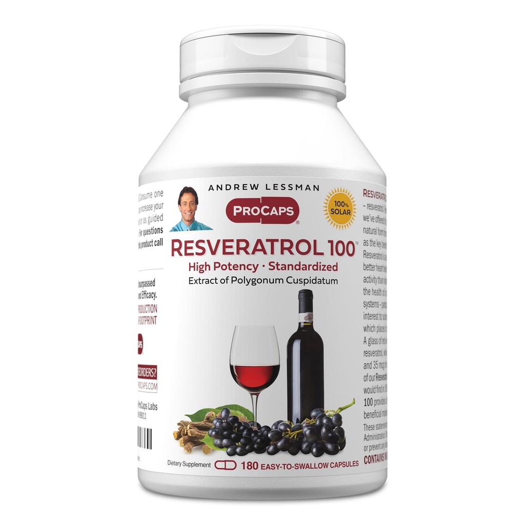 ANDREW LESSMAN Resveratrol-100mg - 180 kapselia - Red Wine's Beneficial, Luonnollisesti Oksidantti, ilman alkoholia. Lisäaine vapaa