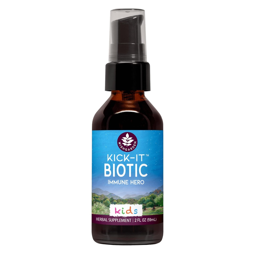 WishGarden Herbs Kick-It Biotic Immune Hero for Kids - Plant-Based Herbal Biotic Formel med Usnea Lichen & Echinacea, stöder hälsosam immun och andningssystemfunktion, Immune Booster, 2oz