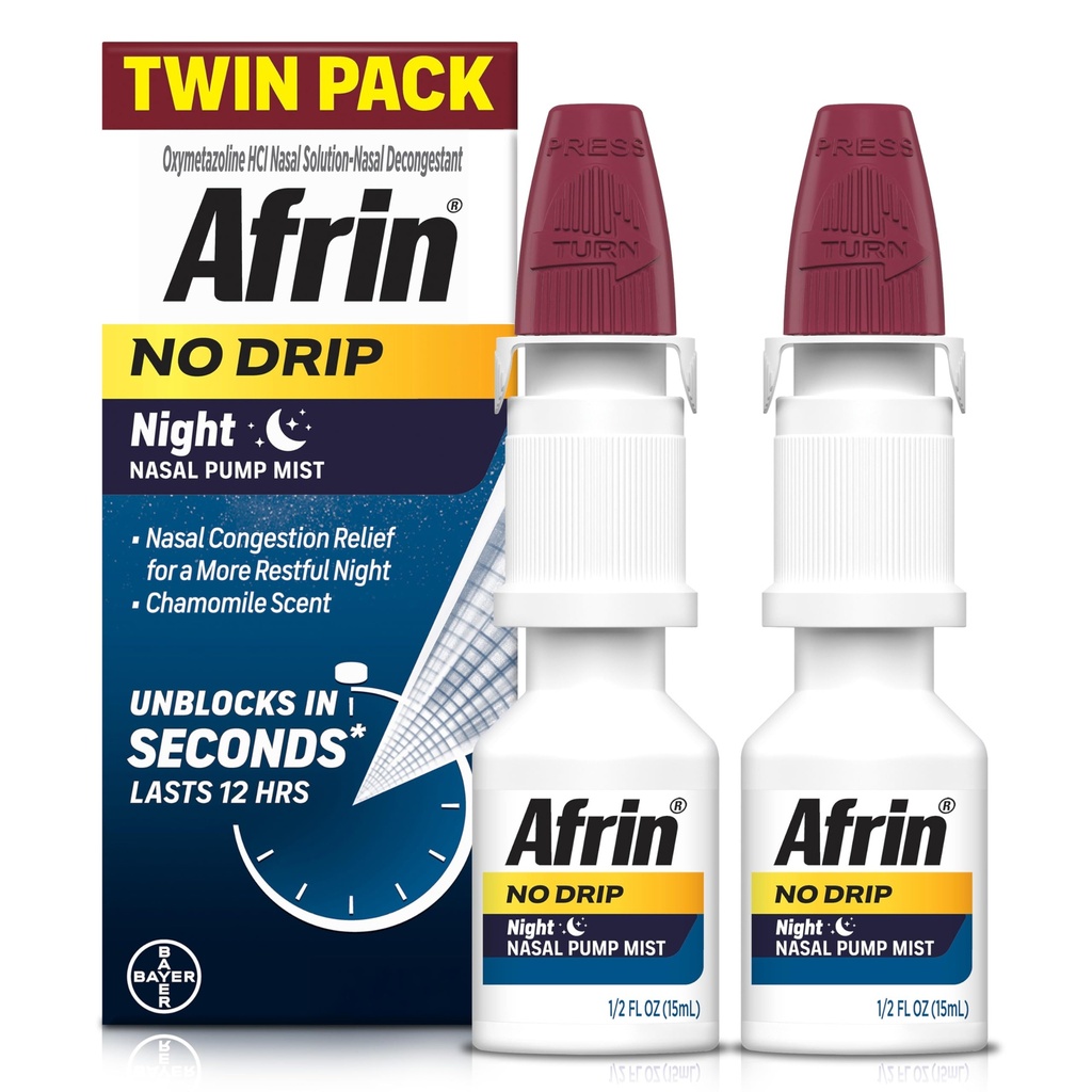 AFRIN Ei Drip Night Nasal Mist Twin Pack, Non-Drowsy, Nopeasti toimiva Decongesstant levollinen nukkua kamomilla tuoksu, aikuiset ja lapset 6 ja vanhemmat, .5 fl oz (paketti 2)