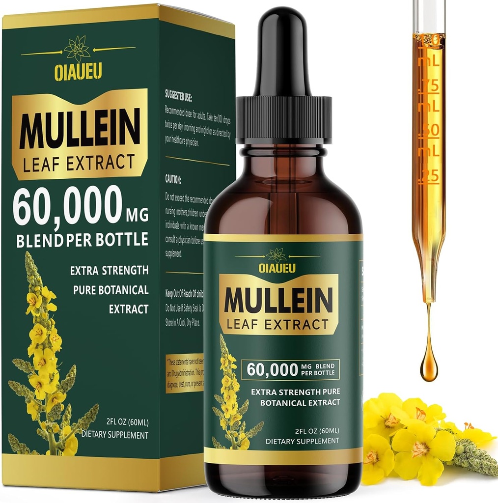 Organiska Mullein Drops för Lungs, Mullein Leaf Tincture Support Lung Cleanse, Natural Supplement Liquid Extract för Lung Detox och Respiratory Health, Vegan, 2 fl oz