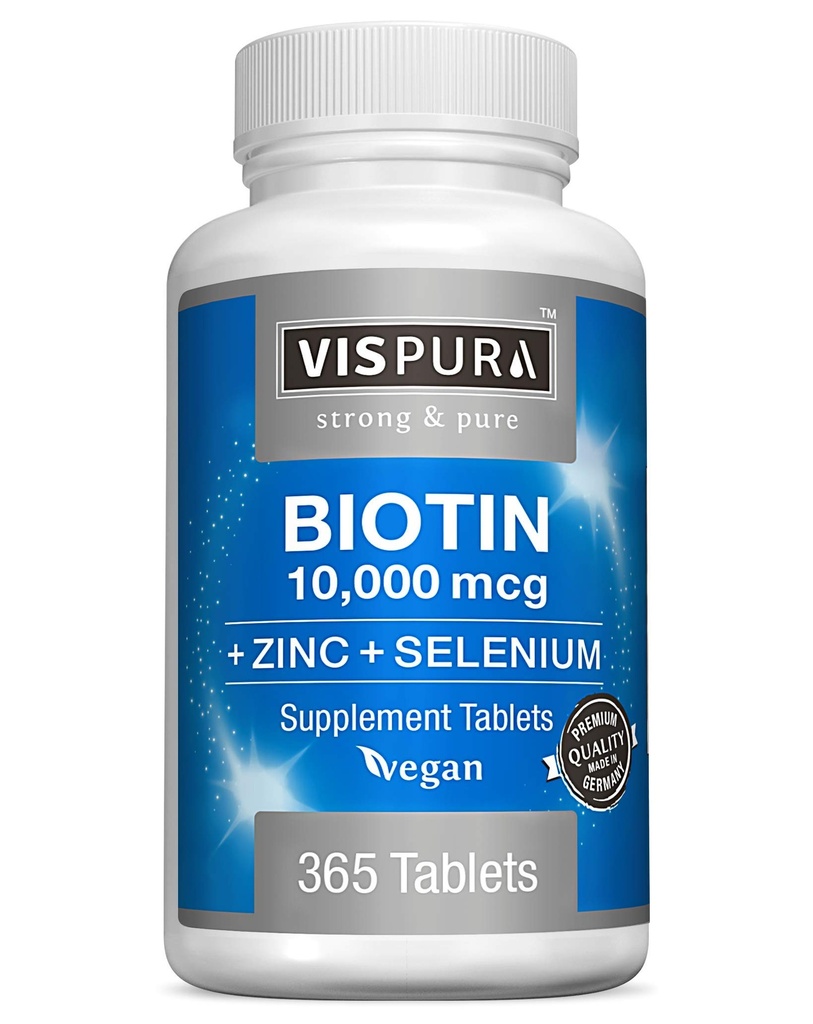 Biotiini 10000 mikrog + sinkki + seleeni, puhdas, vegaaninen & extra vahva, paras täydentää hiusten kasvua, hehkuvaa ihoa, vahvat kynnet*, 365 tablettia 12 kuukautta, luonnollinen ilman lisäaineita