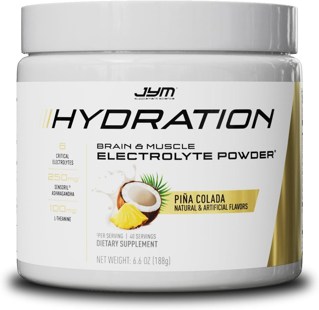 JYM Hydration Pina Colada Powder, Performance Electrolytes, Potassium, Natrium, Magnesium, för Män & Kvinnor, Theanine, Ashwaghanda, Theanine, 40 portioner
