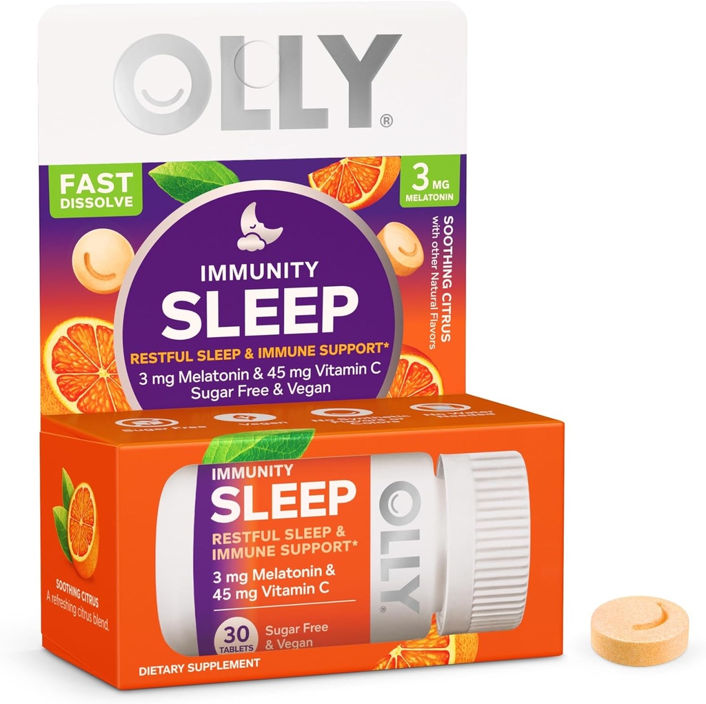 OLLY Immuniteetti uni nopeasti liuottaa, 3 mg melatoniinia, C-vitamiinia, Citrus Flavor, 30 päivän toimitus - 30