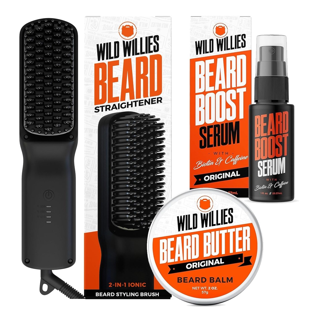 Wild Willies Beard Care Kit: Uppvärmd skäggstrakt för män, skägg smör och skäggtillväxt Serum - Ultimate Grooming Tool Set, Beard Balm, Hydrating Serum, Hot Comb Beard Brush för daglig användning