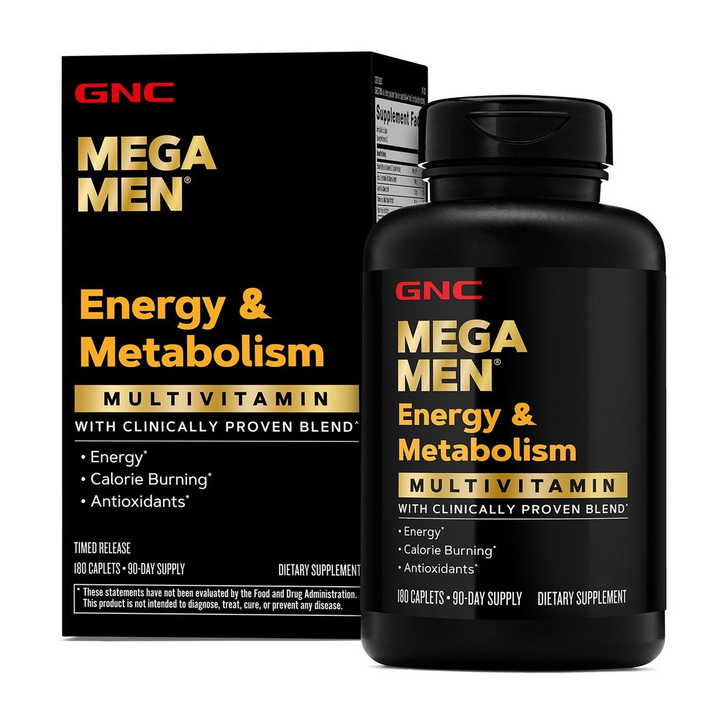GNC Mega miesten energia & aineenvaihdunta Multivitamiini Caplets, kliinisesti osoittautunut paremmaksi, Calorie Burn, Focus, 100 mg kofeiini, termogeeninen, immuuni, B-vitamiinit, ajoitettu julkaisu, 180 Lukumäärä, 90 päivän toimitus