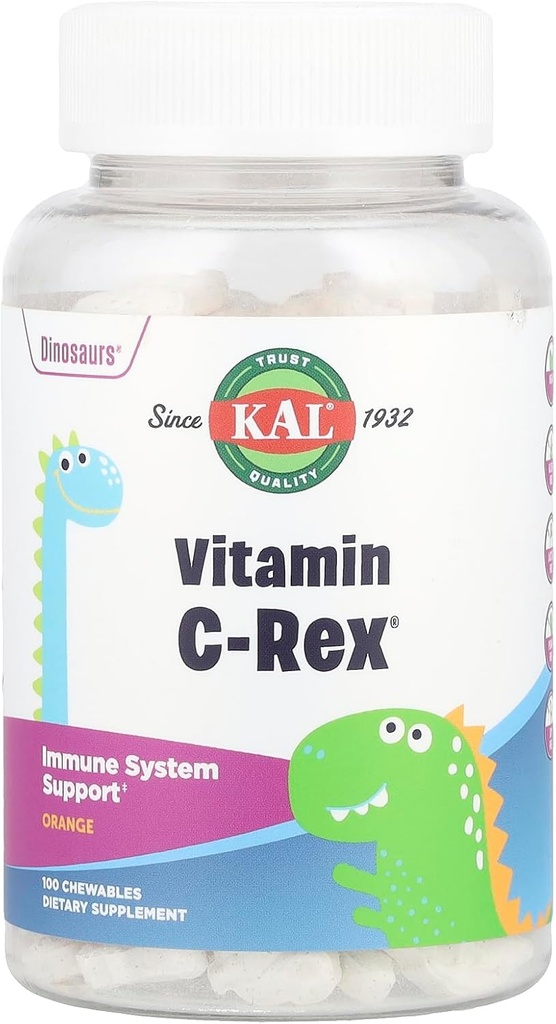 KAL C-Rex Pureskeltava C-vitamiini lapsille, Immuunituki täydentää Bioflavonoideja Rose HIPS, Rutin & Acerola, Tasty Orange, Fruktoosi vapaa, purutabletteja