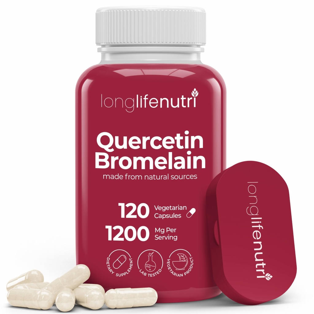LongLifeNutri Quercetin 1000mg med Bromelain 200mg - 120 vegetariska kapslar, organisk dihydratkomplex för gemensam rörlighet och andningsbalans, 2-månaders leverans, GMP-certifierad, tillverkad i USA