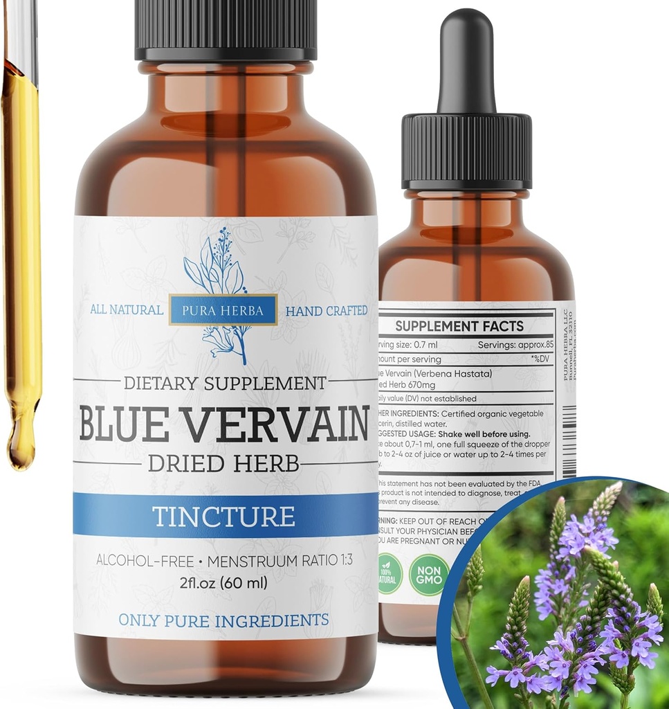 Blue Vervain Herb Organic, Blue Vervain Tincture, alkoholfri, Vegan - 2 Fl Oz