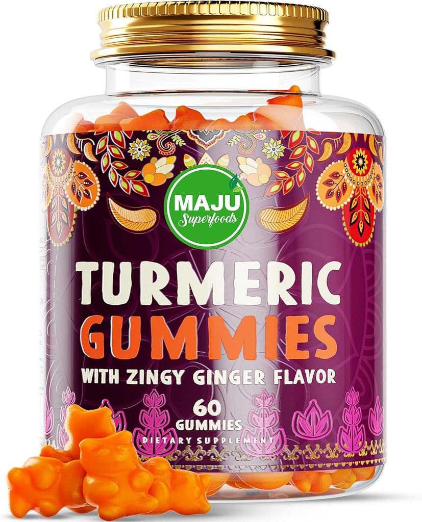 Maju Superfoods Turmeric Curcumin Gummies 60ct, Zingy Ginger Taste, Black Pepper Extract parantaa imeytymistä ja potenssi, Turmeeric Gummies aikuisille ja lapsille
