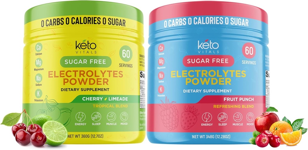 Keto Vitals Cherry Limeade Bundle Fruit Punch - 2 Pack Bundle Keto Electrolytes Powder - Keto-friendly Elektrolytes kalium, magnesium, natrium, kalsium - Cherry Limeade & Fruit Punch