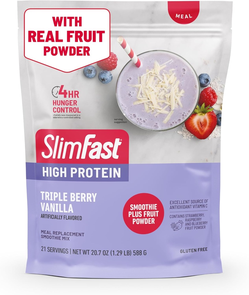 SlimFast High Protein Smoothie Mix Plus Fruit Powder, High Protein Aterian korvausjauhe, kuitu, C-vitamiini, 21 Tarjoilua, 1,29 punta, Triple Berry Vanilla (Packaging May Vary)