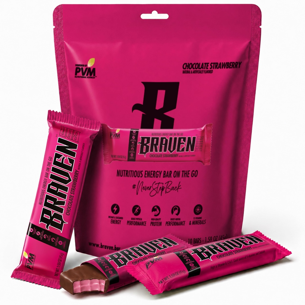 Braven Bar Chocolate Strawberry Energy Bars (1,59 oz, Pack of 10) - Energy Chews med 5g Protein - On-the-Go Energy Snacks för körning, vandring och sport - Gluten Free Snacks för hållbar energi Boost