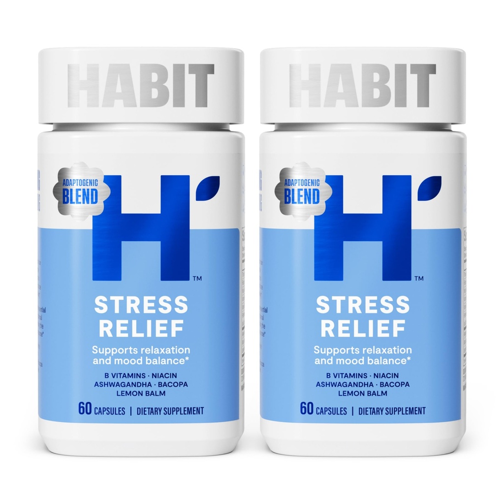 Habit Stress Relief Supplement 2 Pack (120 kapslar) - Nytt utseende, stöder avkoppling och humörbalans, vitamin B, Adaptogener, Lemon Balm, Calming, Vegan, icke-GMO