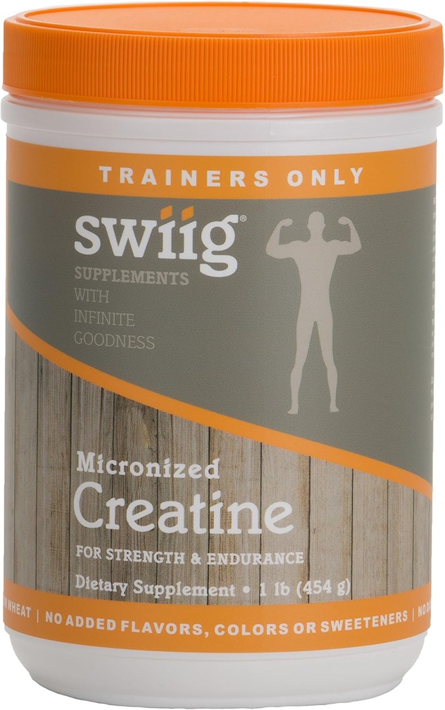 swiig Micronized Creatine Monohydraatti, Ei gluteenia, ei hiivaa, maissia tai vehnää, ei lisätty makuja, ei maitoa, kalaa, tai soijaa, ei säilöntäaineita, värit tai makeuttajat, Ei muuntogeenisiä ainesosia - 90