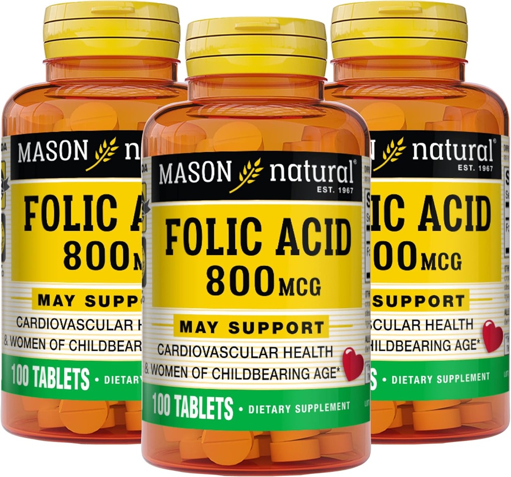 MASON NATURAL Folsyra 800 mcg - Hjälper Nervous System Funktion, Dagligt Supplement för hälsa, humör och prenatal vård, för kvinnor i fertil ålder, 100 tabletter (Pack 3)