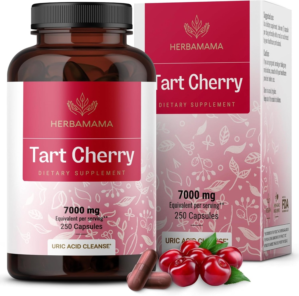 HERBAMAMA Tart Cherry Extract Capsules - Tart Cherry Extract för Uric Acid Support - Vegan, icke-GMO Antioxidant Supplement