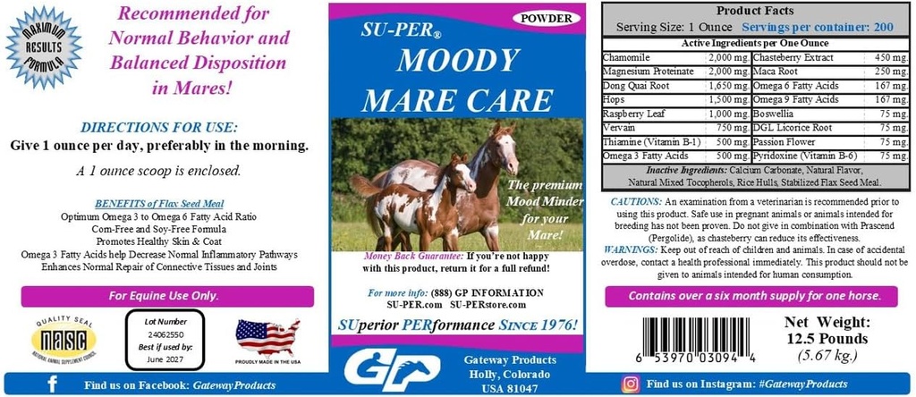 SU-PER Moody Mare Care Powder - Herbal Equine Horse Supplement Chasteberry & Maca Root - 12.5 lbs