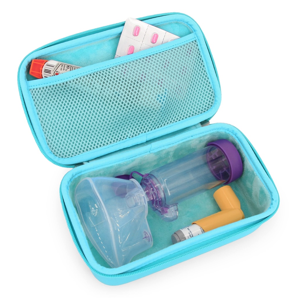 CASEMATIX Asthma Inhaler Case för Travel Fits Asthma Inhaler Spacer med mask bifogad, Inhaler Holder och ytterligare tillbehör som används med Spacer för inhalator, Inkluderar turkos astmafall endast