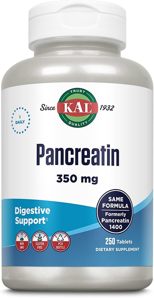 KAL Haiman 350 mg, Naisten ja miesten digestiivinen entsyymit, haimaentsyymit, gluteeniton, ei-GMO, nopea hajoaminen, 60 päivän takuu, 250 tarjoilua, 250 tablettia