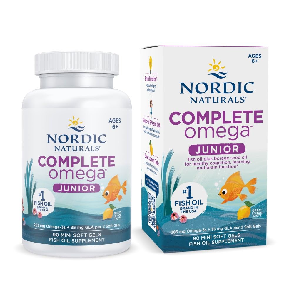 Nordic Naturals Complete Omega Jr., Lemon - 90 Mini Soft Gels - 283 mg Total Omega-3s & 35 mg GLA - Hälsosam kognition, nervsystemfunktion - Icke-GMO - 45 portioner