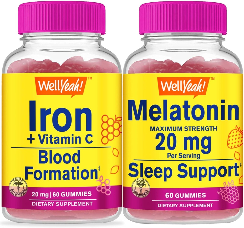 WellYeah Iron+Vitamin C + Melatoniini 20 mg, Gummies Bundle - suuri kastike, vitamiinilisä, gluteeniton, GMO-vapaa, purukumi