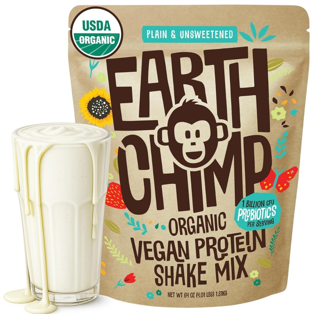 EarthChimp Organic Vegan Protein Powder - med Probiotics - Non GMO, Dairy Free, Non Whey, Plant Based Protein Powder för kvinnor och män, Gluten Free - 52 portioner, 64 Oz (Plain & Unsweetened)