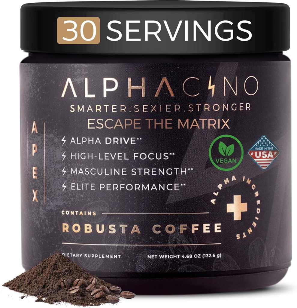 Alphacino Apex Instant Mushroom Coffee - Black Maca Ashwagandha + Energy Drink Powder for Men, Ihanteellinen Lihas Building Growth, Sharp Focus & Stamina, Mens Energy Powder Drink Mix, S7-30SV (4.68 oz)