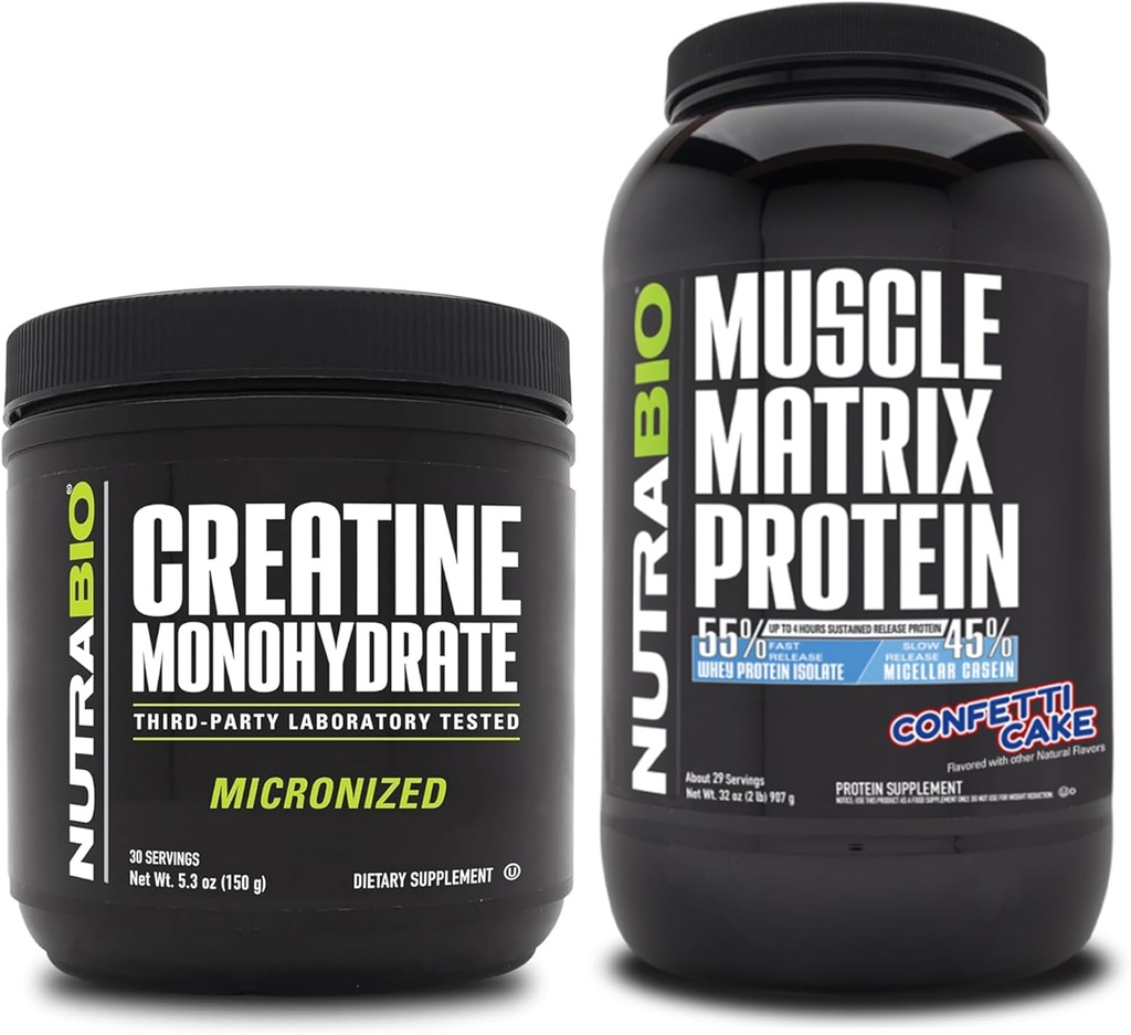 NutraBio Creatiini Monohydraatti, makua sisältämätön, (150 g) ja lihasmatriisiproteiinijauhe (Confetti-kakku) täydennysosa Bundle ... Lihasenergia, suurin kasvu, elpyminen ja vahvuus