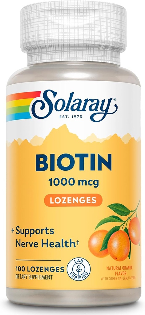 SOLARAY Biotin 1000mcg Lozenges - Biotin Supplement med vitamin A - Nerve Function och Cellular Energy Support - Natural Orange Juice Flavor, Great Taste, 60-dagars garanti, 100 portioner, 100 Lozenges