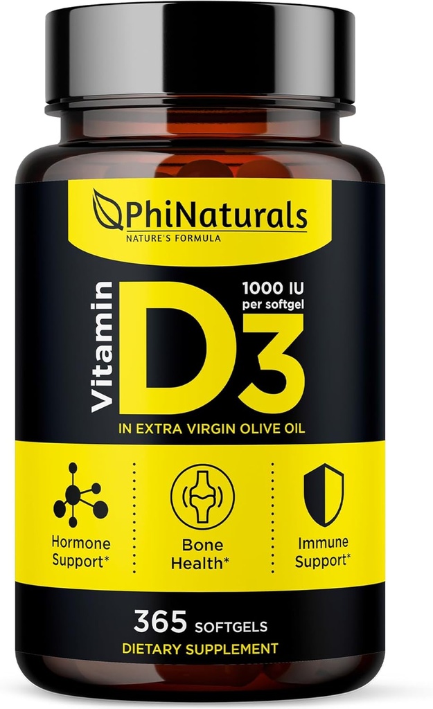 PhiNaturals Vitamin D3 1000iu Softgels Supplement Olive Oil Base 365 Gel Caps Ett år Supply av VIT D, Vitamina D 3 1000 iu